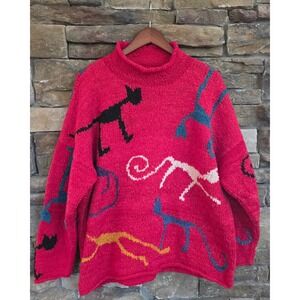 VTG RARE Boho Amano Handwoven Whimsical Folk Art Cat Motifs Sweater Mock Neck